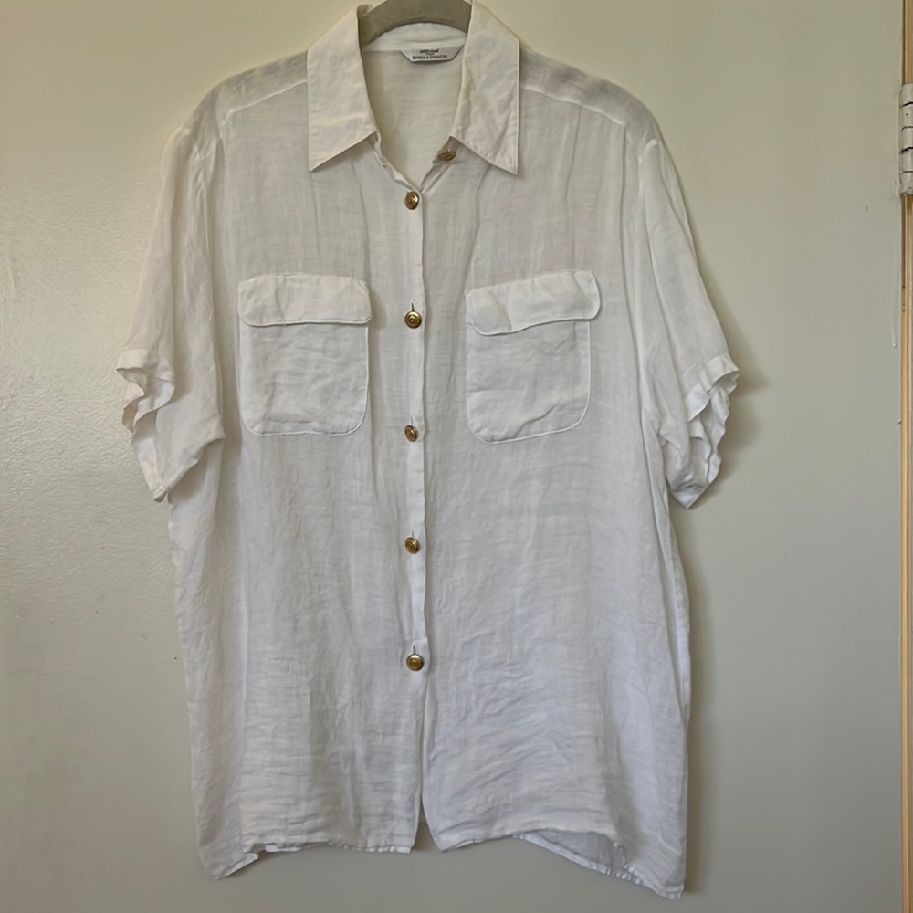 Vintage White Linen Blouse w/ Gold Buttons